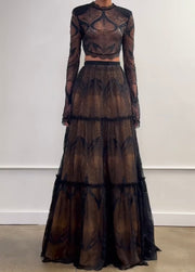 Fashion Elegant Long Sleeve Lace Print Maxi Dress Suit