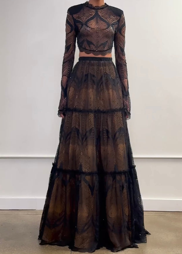Fashion Elegant Long Sleeve Lace Print Maxi Dress Suit