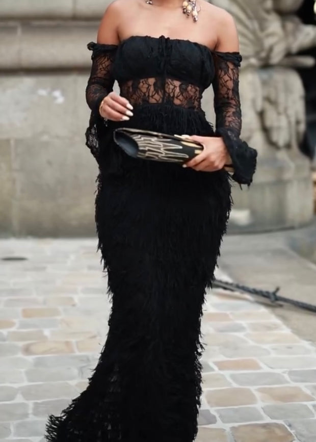 Lace Elegant Light Luxury Black off-the-Shoulder Tassel Dress