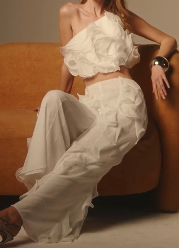 Halter Off-the-Shoulder Midriff Outfit Ruffled Solid Color Dress Suit