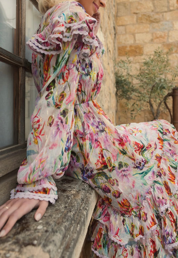 Square Collar Flared Long Sleeve High Waist Print Dress