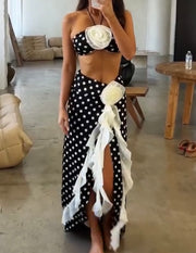 Sexy Halter Chest-Wrapped Midriff Outfit Three-Dimensional Flower Dress Suit