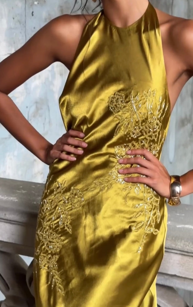 Elegant Satin Embroidered Girdle Dress