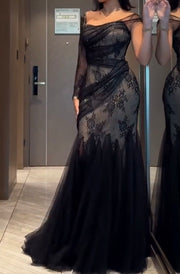 Lace Square Collar Lace Stitching Neckline Long Sleeve Slim Fit Dress