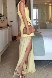 Sexy Solid Color Sleeveless Stitching Mesh Slit Slim-Fitting Dress