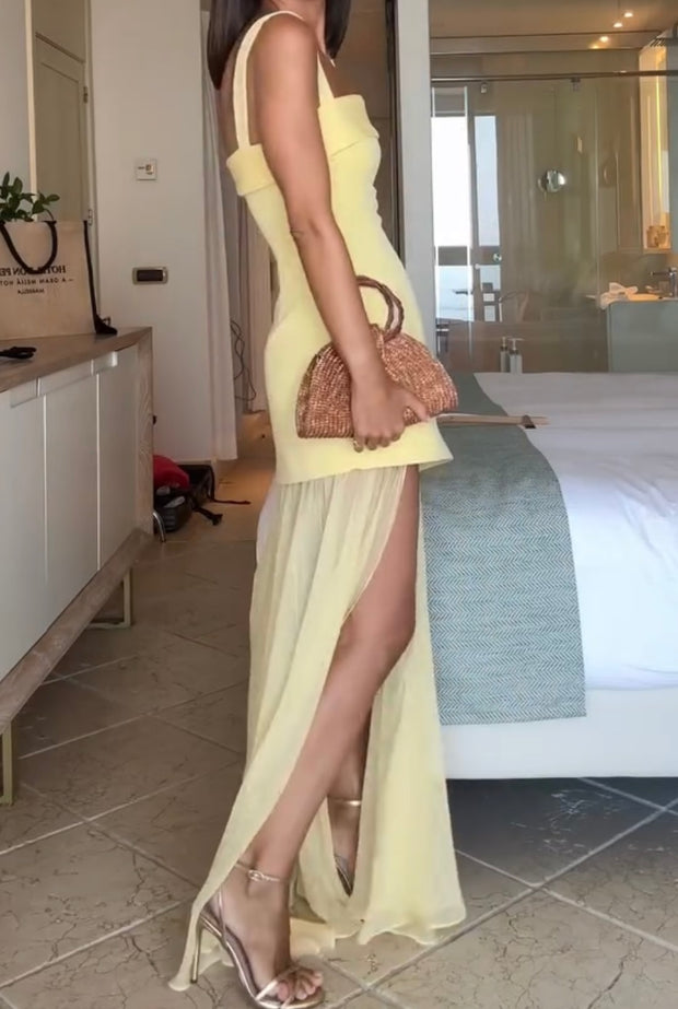 Sexy Solid Color Sleeveless Stitching Mesh Slit Slim-Fitting Dress