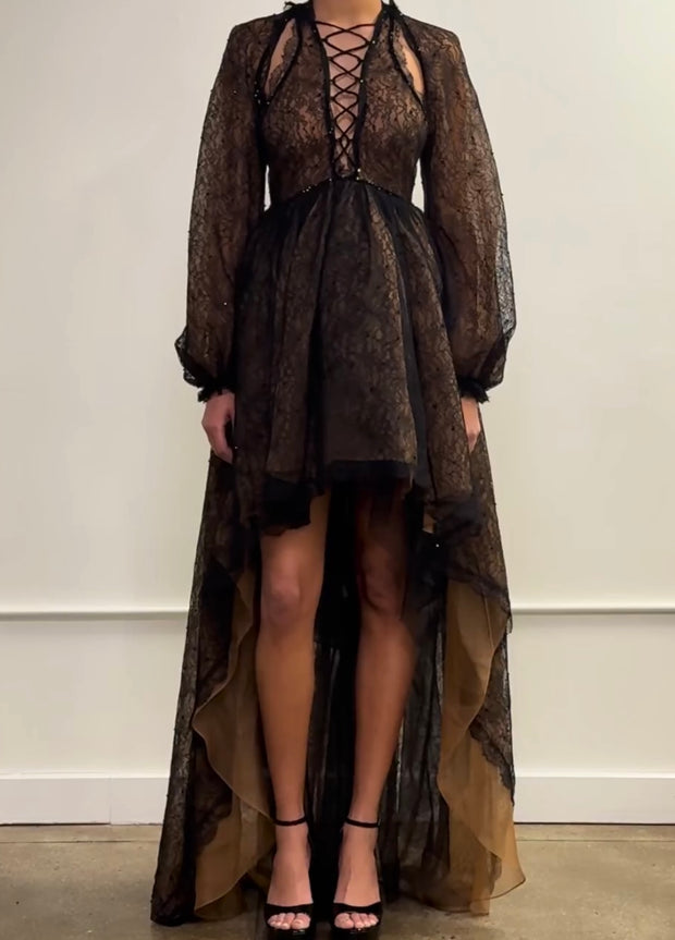 Graceful and Fashionable Long Sleeve Lace Strap Girdle Dress