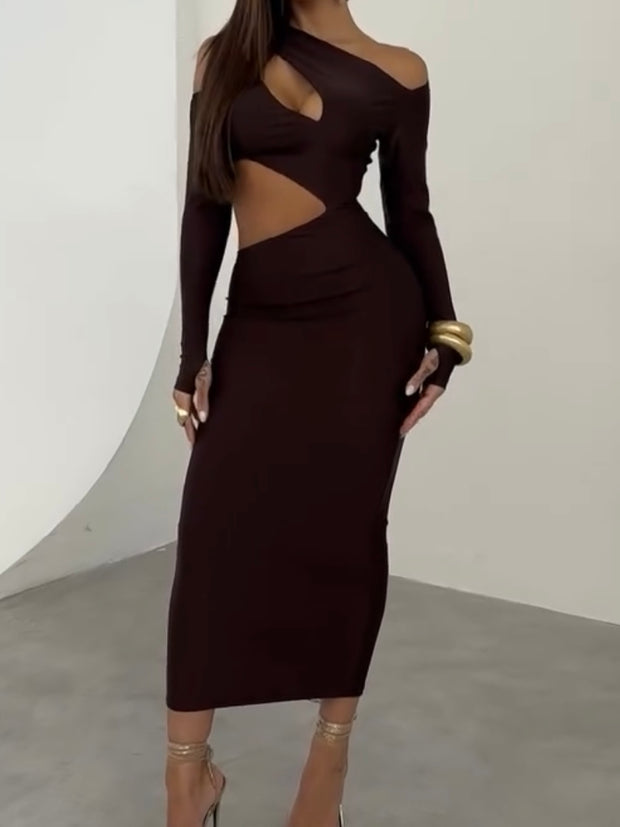 Fashion Sexy Cutout One Shoulder Long Sleeve Temperament Dress
