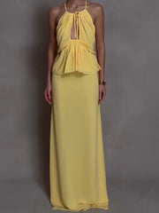 Sexy Halter Hollow Sleeveless Patchwork Long Dress