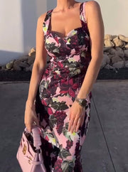 Elegant Spaghetti-Strap Floral Print Dress