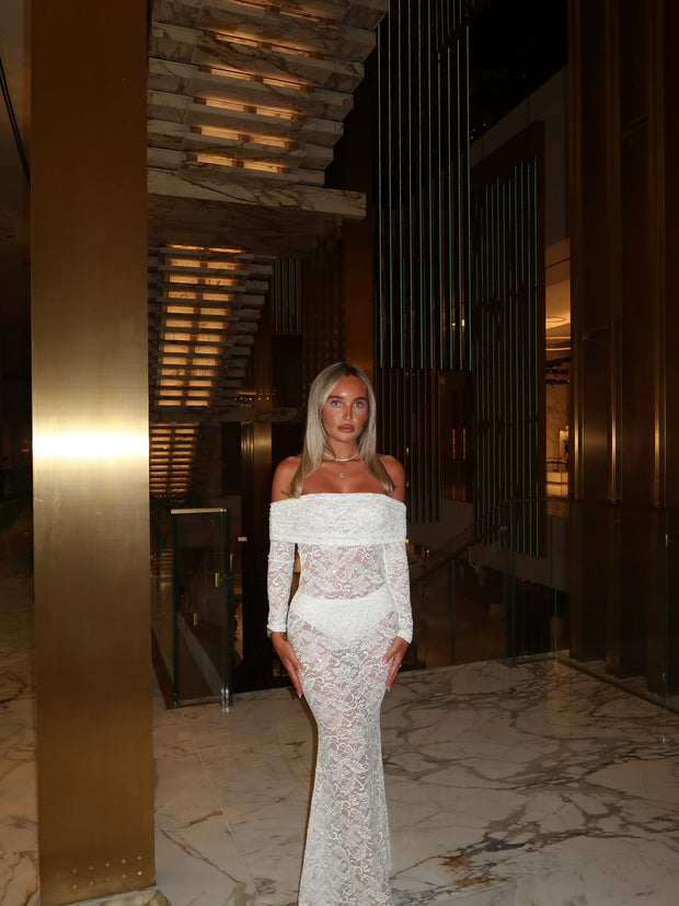 ‘SELENA’ Sequin Lace Dress With Briefs - White