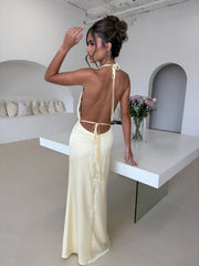 ‘PENELOPE’ Satin Maxi Dress With Flower Detailing - Lemon