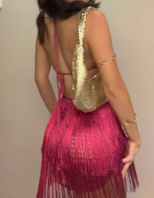 Sexy Spaghetti Straps Knitted Chest Wrap Hollow Tassel Dress