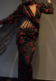 Sexy Fashion Long Sleeve Fish Bone Print Hollow out V-neck Dress