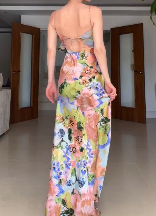 Sexy Spaghetti-Strap Floral Print Chest-Wrapped Ruffled Dress