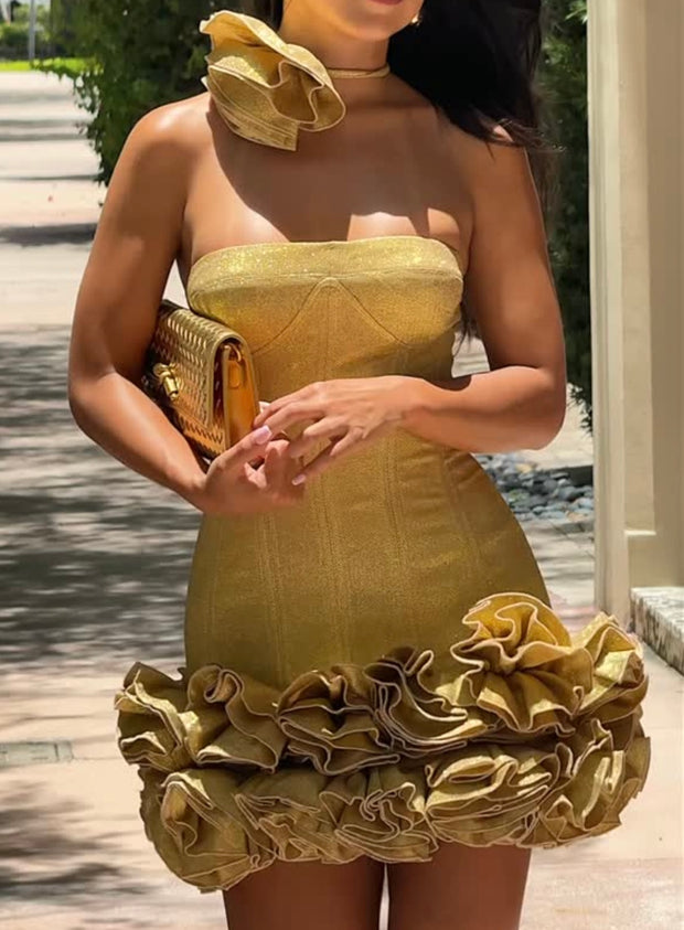 Gold Sequin Sexy Tube Top Dress Tight Floral Dress Tight Skirt