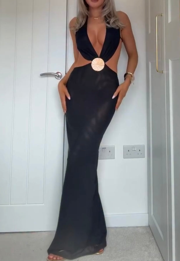 Pure Color Elegant Deep V Halter Backless Slim Fit Dress