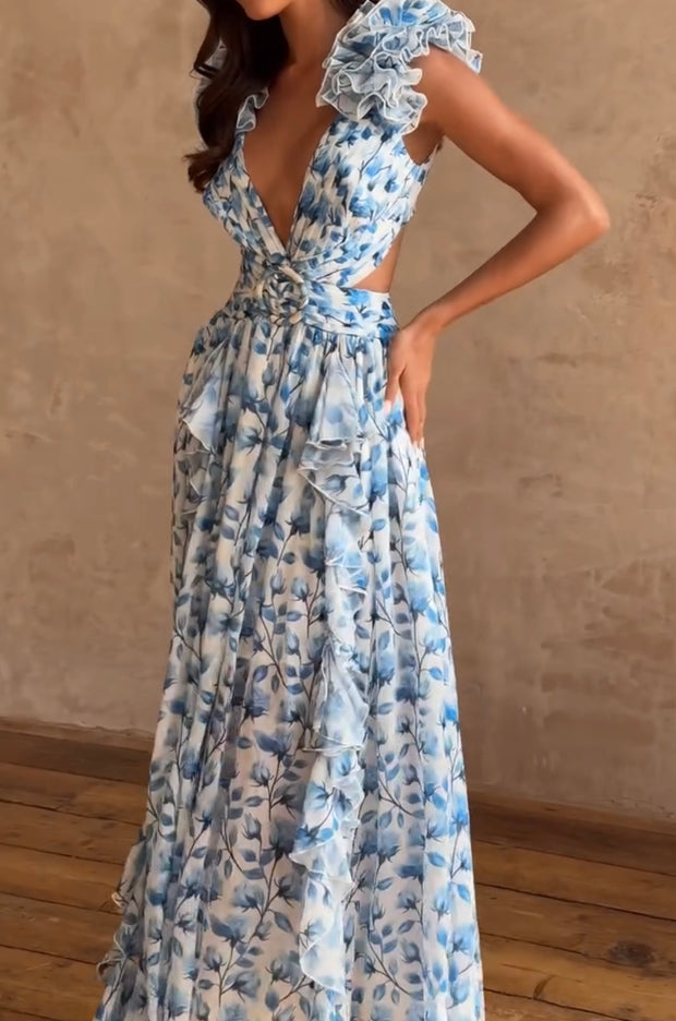 Sleeveless Fold Floral Split Sexy Dress