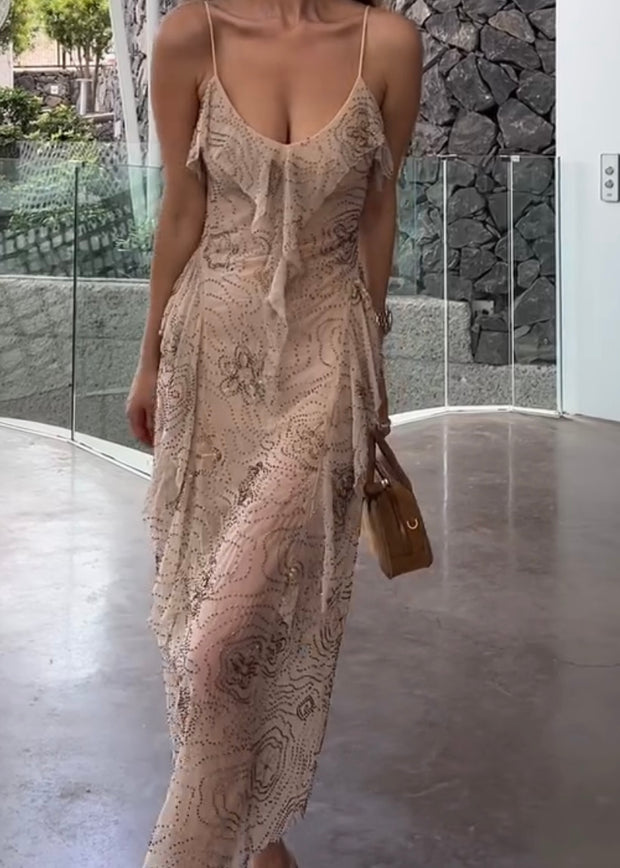 Elegant Beaded Layered Sleeveless Sling Dress