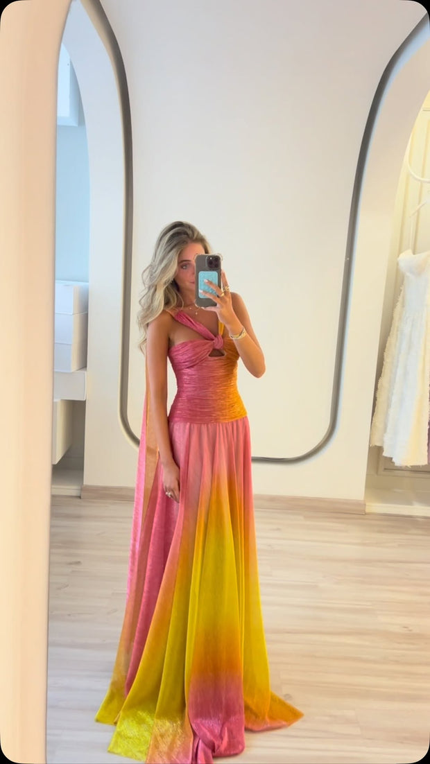 Sexy Halter Wrapped Chest Ribbon Gradient Color Dress