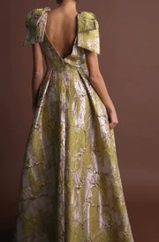 Printed Bow Sleeve Lace-up Elegant Long Dress