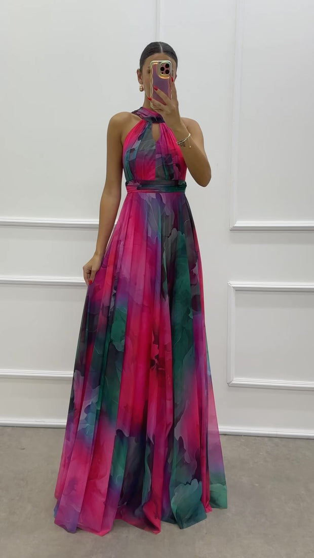 Fashion Halter Printing Color Contrast Pleated Dress
