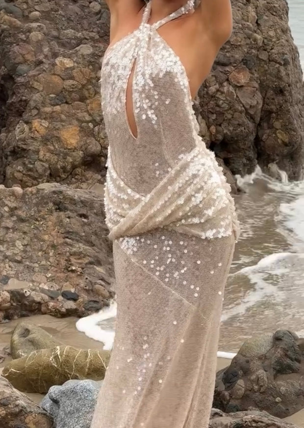 Sexy Halter Sequin Gauze See-through Dress