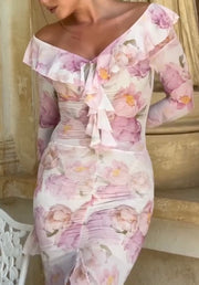 off-Shoulder Ruffled Short Sleeves Butterfly Print Fishtail Pure Waist Sheath Dress