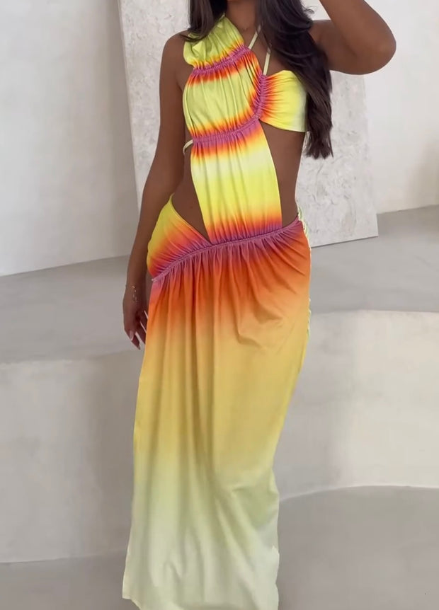 Elegant Backless Sleeveless Gradient Diagonal Collar Dress