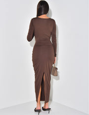 Sexy Long Sleeve Slim-Fit Pleated Lace-up Solid Color Dress