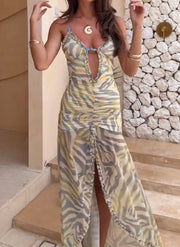 Vintage Printing Swing Collar Sexy Halter Backless Slit Dress