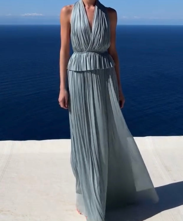 Halter Backless Sleeveless Pleated Dress