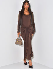 Sexy Long Sleeve Slim-Fit Pleated Lace-up Solid Color Dress