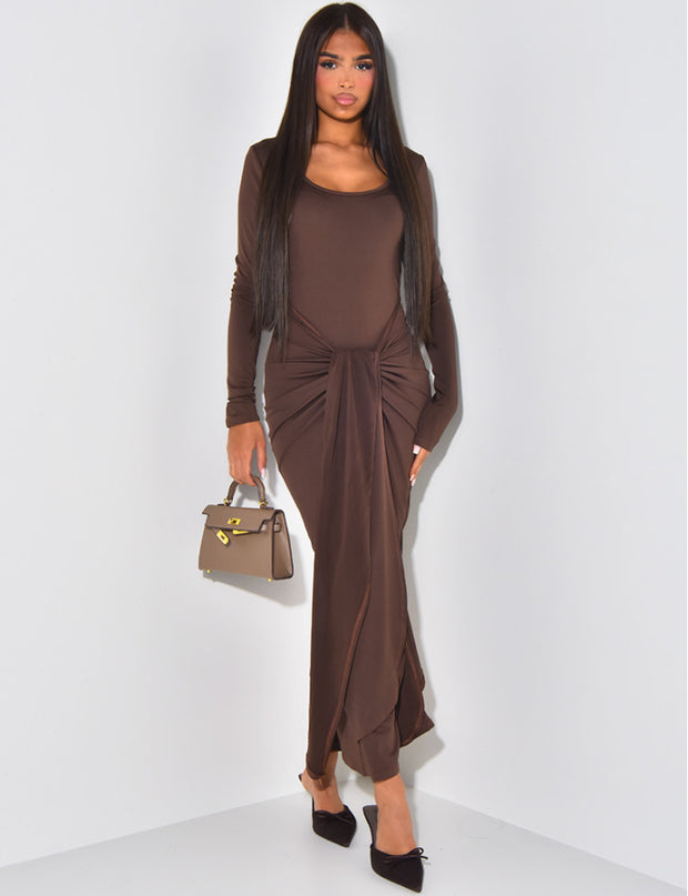 Sexy Long Sleeve Slim-Fit Pleated Lace-up Solid Color Dress