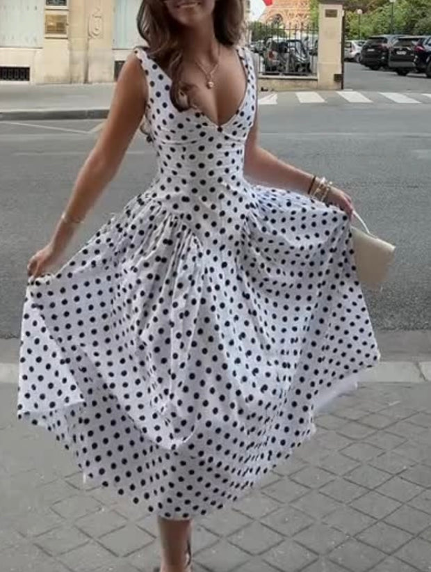 Polka Dot Pleated Waist Tight Slimming Elegant Long Dress