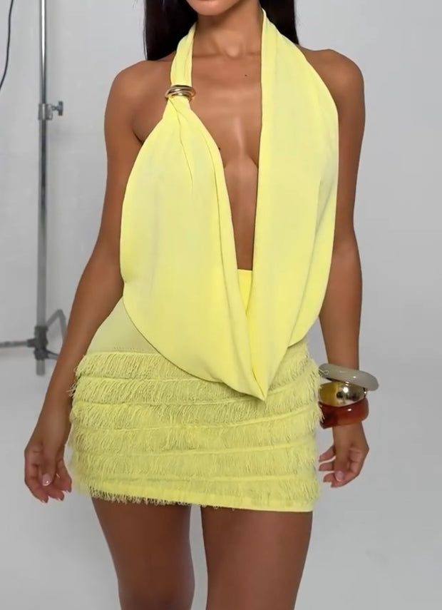 Sexy Halter Deep V Swing Collar Fur Backless Dress