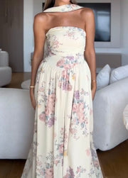 Waist Trimming Printing Sleeveless Pleated Formal Dress