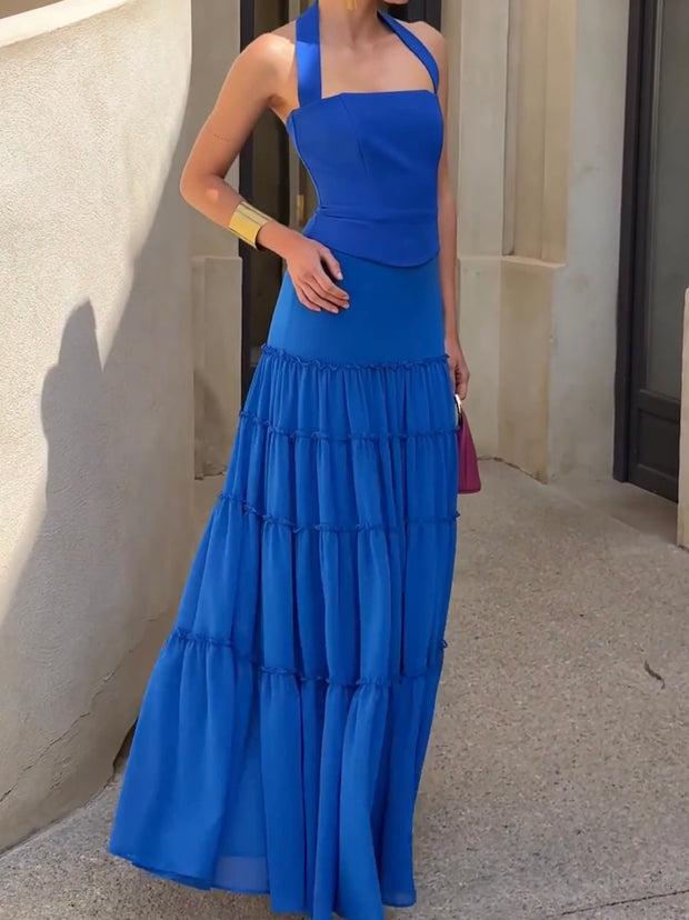 Casual Temperament Wild Solid Color Sling Square Collar Summer Tight Waist Dress