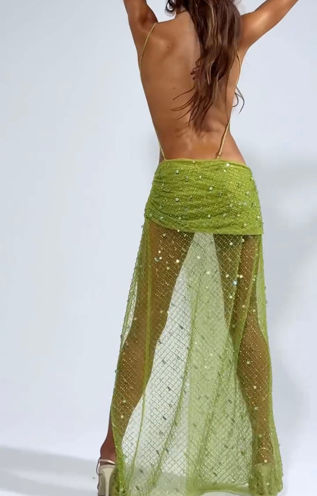 Sexy V-neck Brace Mesh Hollow Sequins Dress