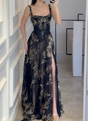 Temperament Camisole Machine Embroidery Diamond Embroidered Mesh Slightly See-through Dress