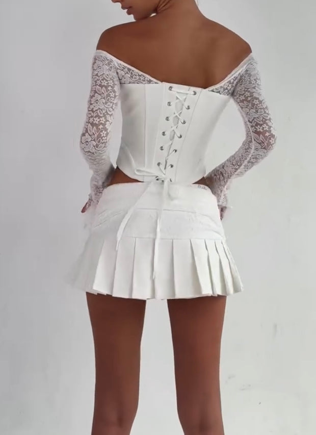 Sexy Long Sleeve Lace Fishbone Pleated Skirt Outfit