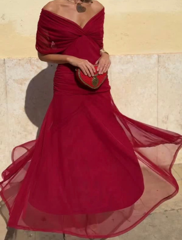 V-neck Pleated Mesh Slim Fit Patchwork Temperament Dress