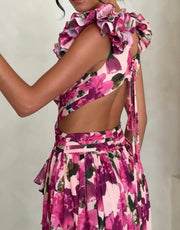 Elegant Petal Print Waist Hollow-out Split Dress