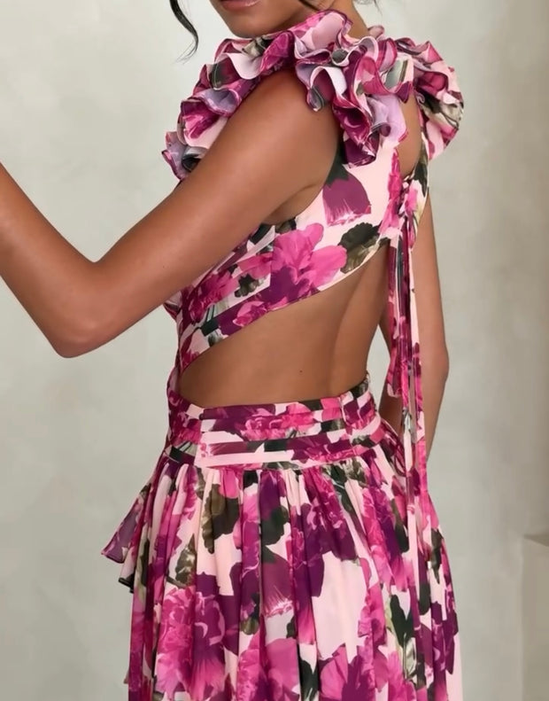 Elegant Petal Print Waist Hollow-out Split Dress