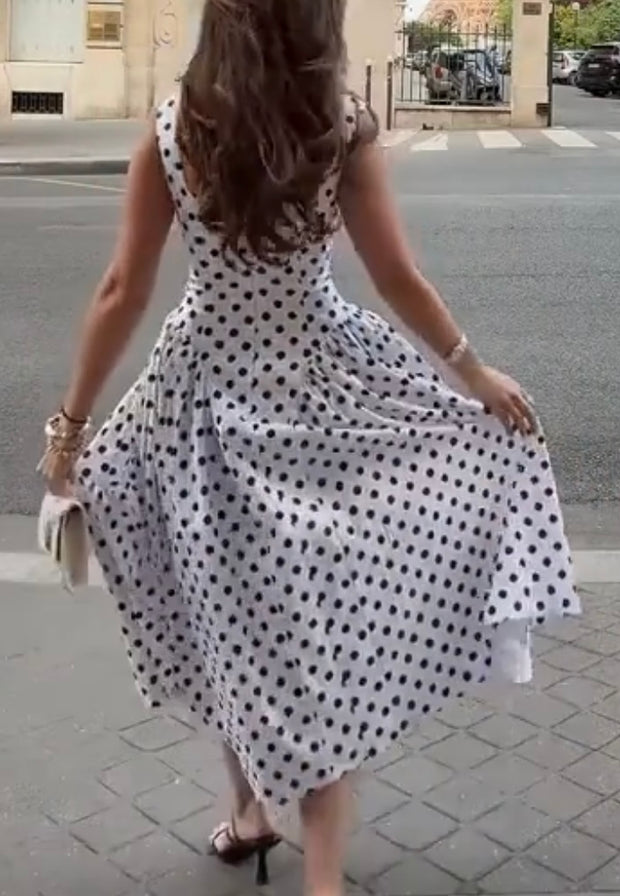 Polka Dot Pleated Waist Tight Slimming Elegant Long Dress