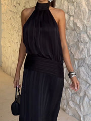 Elegant Halter Exposed Back Pleated Dress Elegant Dress