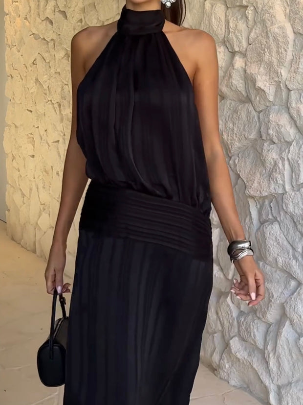 Elegant Halter Exposed Back Pleated Dress Elegant Dress