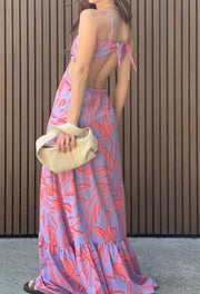 Sexy Spaghetti-Strap Floral Print Hollow Dress