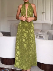 Halter Sleeveless Elegant Waist Trimming Printing Green Dress