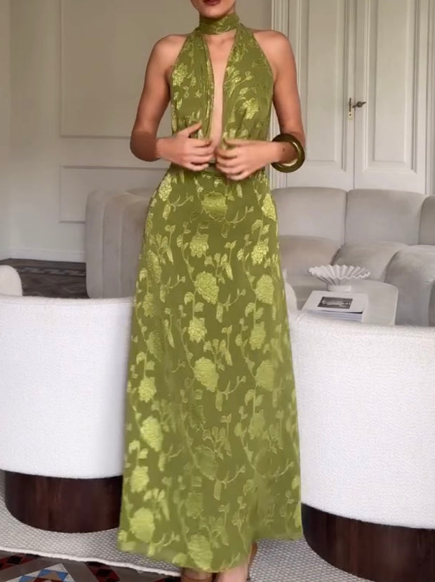 Halter Sleeveless Elegant Waist Trimming Printing Green Dress